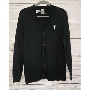 Tesla Men’s Size Medium M V-Neck Cardigan Button Sweater in‎ Black Embroidered